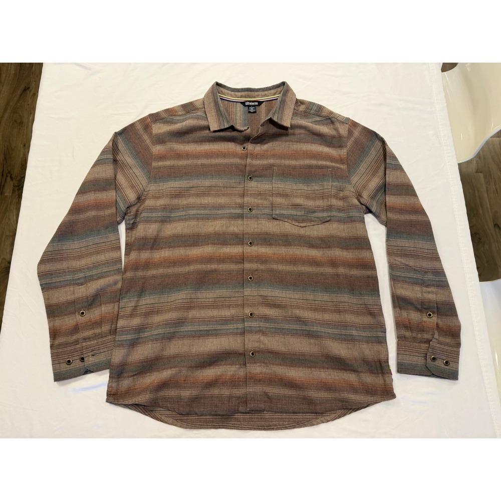 Sherpa Adventure Gear Brown Stripes Flannel Long Sleeve Shirt Size Large